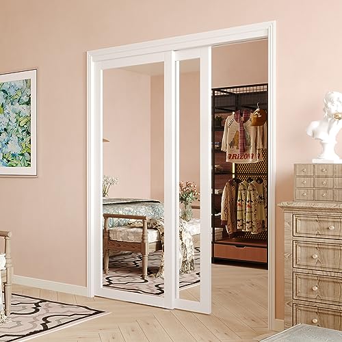 SOLRIG Closet Doors 60(Double 30.98) x 80 Mirror Closet Doors 1-Lite Mirror Sliding Door with Hardware Track Kit & Floor Guide Finished Doors 2 Panels MDF White