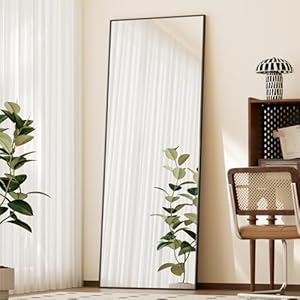 BEAUTYPEAK Full Length Mirror with Stand, 56″x21″ Floor Mirror with Aluminum Alloy Thin Frame, ShatterVue Tempered Full Body Mirrors, Free Standing or Wall-Mounted Mirrors for Living Room, Black