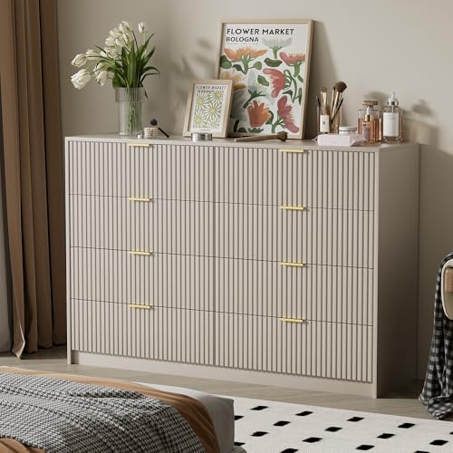Image of Furniway Beige Dresser for Bedroom, Modern Dresser with 8 Drawers and Smooth Slides, Wide Chest of Drawers with Golden Handles for Bedroom, Closet, 15.7 inch D x 55 inch W x 37.4 inch H