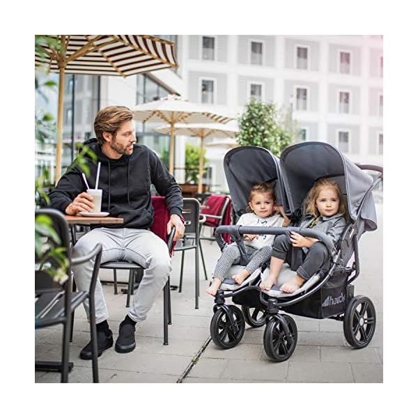hauck Geschwisterwagen Roadster Duo SLX, Zwillingsbuggy ab Geburt bis 15 kg (ca. 3 Jahren) mit Liegefunktion, XL Korb, Einfach und Klein Zusammenklappbar, Große Räder (Grey/Silver)