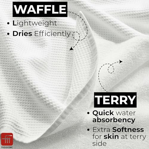Image of Fash Home Waffle Terry Fusion 2pc Bath Towel-75X150cm Full Large Size 100% Soft Cotton Super Luxurious | Quick Absorbent | Only for Premium Royal Elite Class Men /Women /Couples-White&Grey