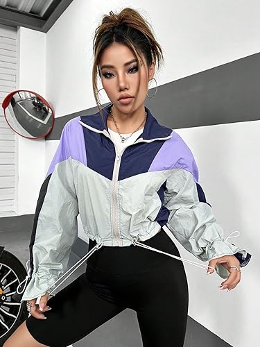 Floerns Jaqueta corta-vento feminina de manga comprida com cordão e zíper, Cinza e roxo, P