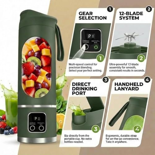 Image of Lilogi 500ML Portable Smoothie‑Maker Cup,12‑Blade USB‑C Rechargeable Juicer with LED Display, Travel‑Sized Drink Mixer for Kitchen,Office,Gym & Outdoor Activities (Green)