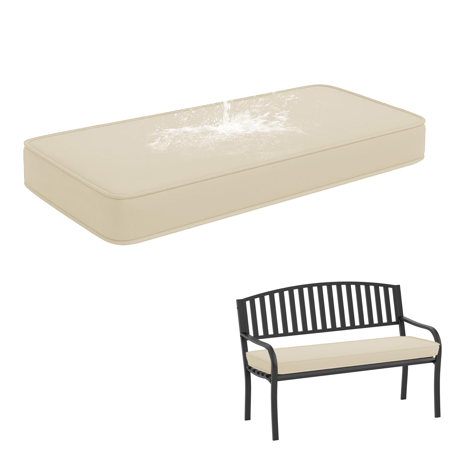 Waterproof Outdoor Bench Cushion with Non-Slip Base & Ties, 50D High Density Foam Bench Seat Cushion, Removable Zipped Cover for Garden, Patio or Window Seat,Cream white,130X50X5cm
