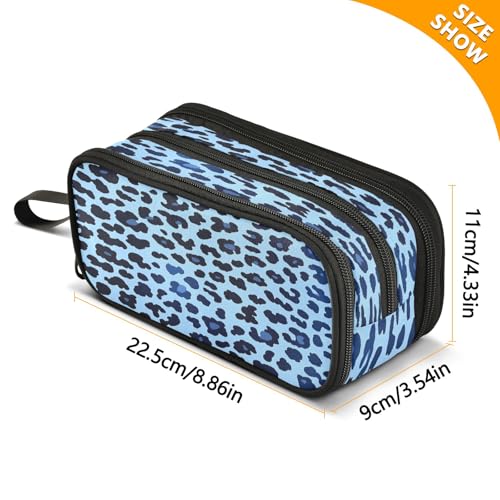 Image of Leopard Print Blue Background Pattern Pencil Case 3 Compartment Pen Bag Pouch Holder Box School Portable Stationery Storage Bag for Girls Boys