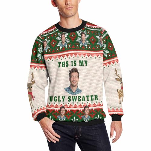 Custom Ugly Christmas Sweater with Face for Men Personalized Photo Name Sweatshirt for Family Couples Friends