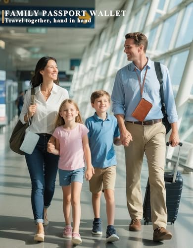 Family Passport Holder Wallet RFID Travel Document Organizer for Women Men, Portable Case Cover for Cards, Boarding Pass with Wrist/Neck Strap, Airtag Pocket, Travel Essentials Gifts -Light Brown, 1pc2