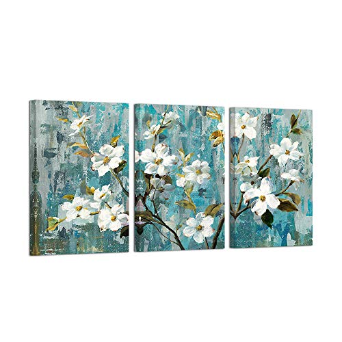 Flower Wall Art Elegant Teal Flower Floral Painting Modern Canvas Art Giclee Prints Ready To Hang 16