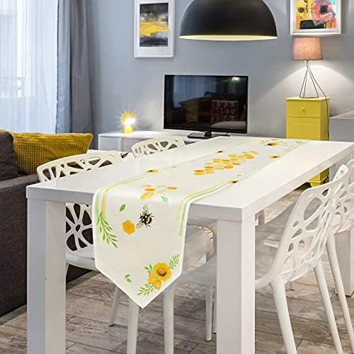 WERNNSAI Sunflower Table Runner - 32.6 x 182.9cm Sunflower Table Dining Decoration Bee Linen Burlap Dresser Scarves Washable Rustic Cloth for Home Kitchen Holiday Party Decor