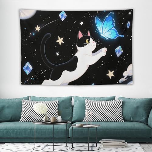 Tapisserie murale bohème chat et papillon pour une chambre douce et joyeuse