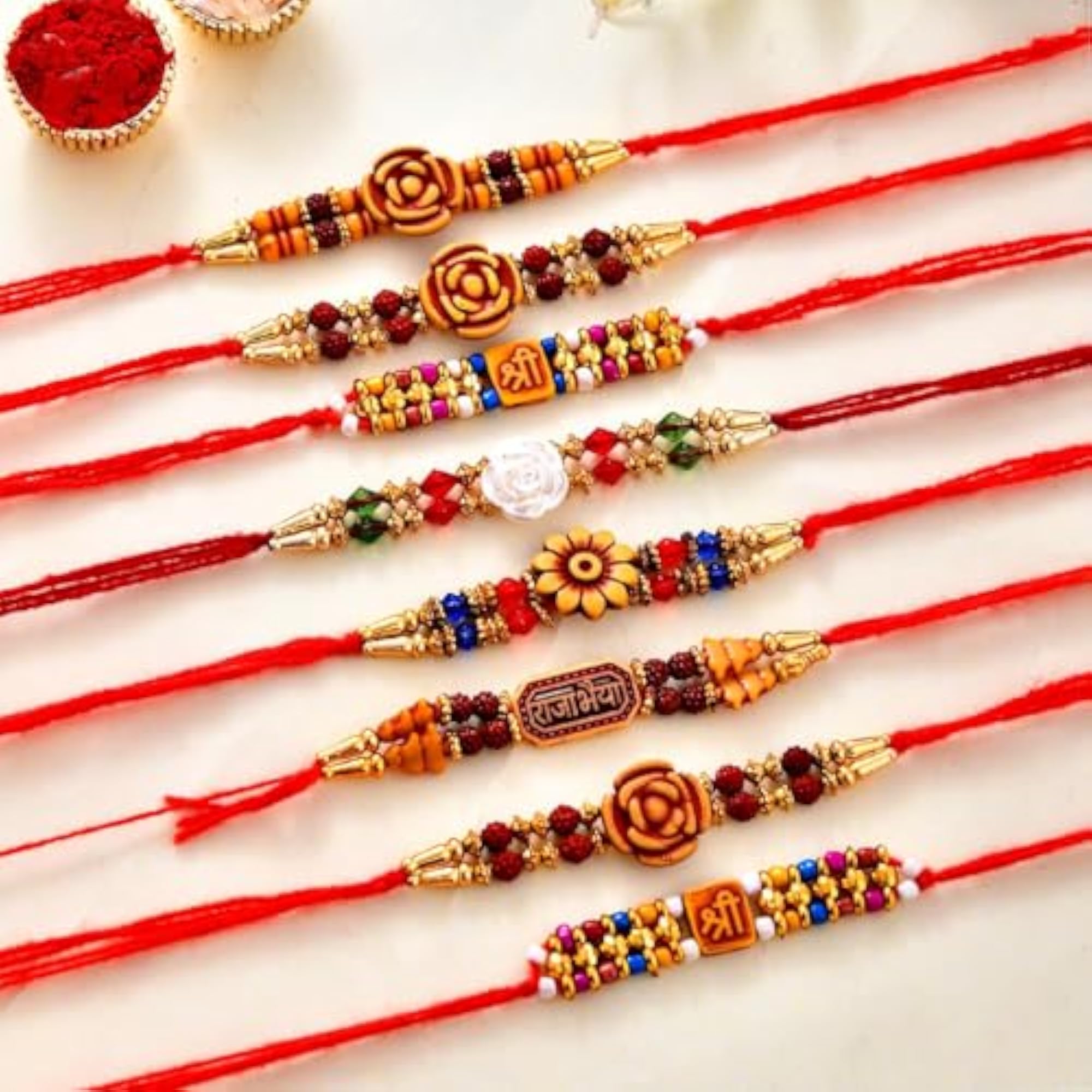 8pc Multicolor Rakhi Set with Wishes for Brother