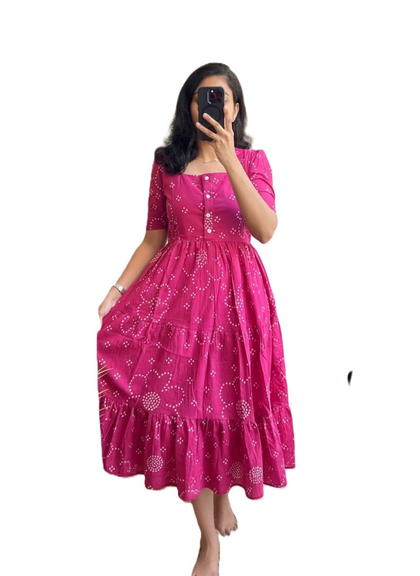 Women's Pink Bandhani Print Midi Dress, Square Neck, Short Sleeve, Tiered Flared, Button Front-image-1