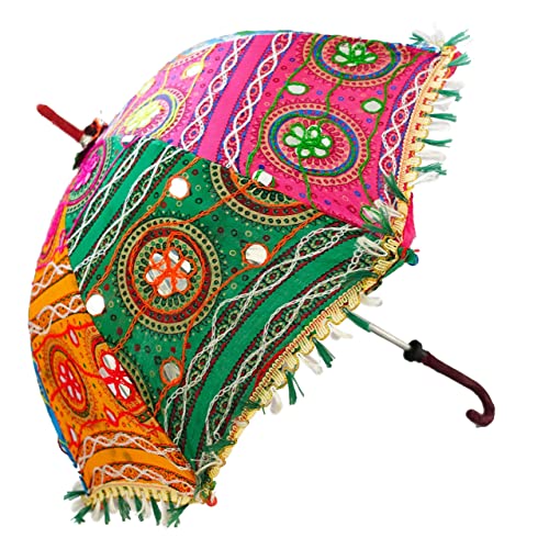 Bohemian Handmade Design, Cotton Multi Color Embrodiery Sun Umbrella Parasol 24 Inches (Pink, Forest Green, Cyan, Orange) #TOP1