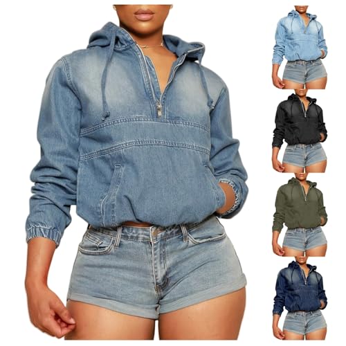Denim Hoodie Women Half Zip Jean Jacket Denim Pullover Tops Long Sleeve Hooded Jean Jacket Loose Fit Jeans Sweatshirt4