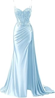 Womens Lace Appliques Mermaid Long Prom Dresses 2026 with Slit Pleated Satin Corset Formal Party Evening Gowns WA070