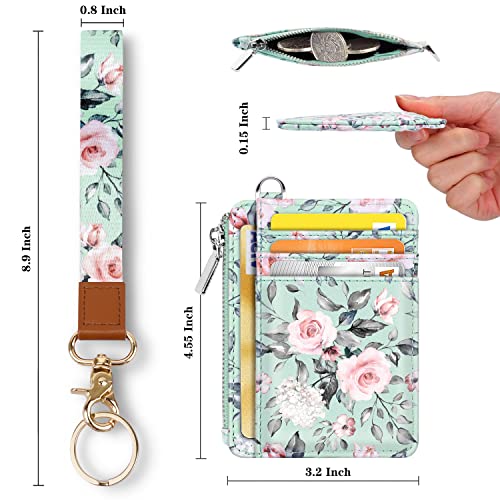 Cute Wrist Lanyard With Id Card Holder For Women Girls, Waveyu Hand Wristlet Lanyards For Keys With Wallet Id Badge Holder With 6 Card Slots, 1 Id Window, 1 Zipper Pocket, Green Flower #TOP1