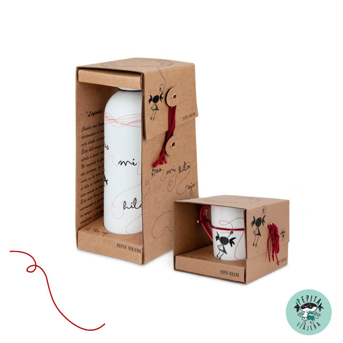Lote Regalo Taza Cerámica 380 ml + Botella Térmica 500 ml, Leyenda Japonesa Hilo Rojo, Detalle especial Pareja y Amistad