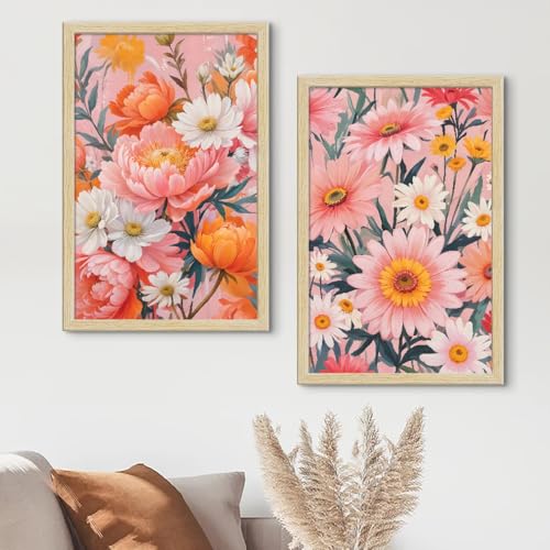 Image of ArtX Paper Floral Art Paintings with Frame for Home Decor, Wall Painting for Living Room, Multicolor, Natural Wood Color Frames, Set of 2