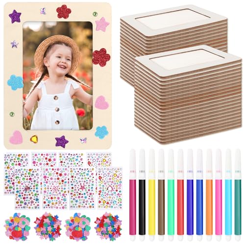 SAYAYA 18 Pack Picture Frame Painting Craft Kit Wooden Picture Frames for 4 x 6 Photo with 4 Sheets Crystal Diamond Stickers 2 Bags Eva Stickers 12 Color Pen for DIY Craft