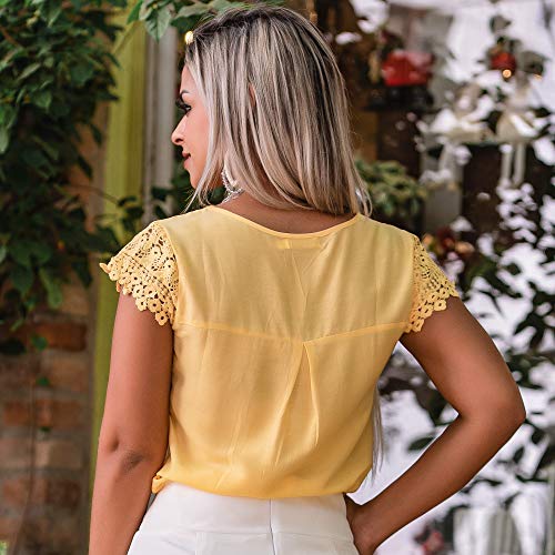 Blusa Feminina Manga Curta Social Festa Moda Evangelica(P/38, Amarelo) - B6055