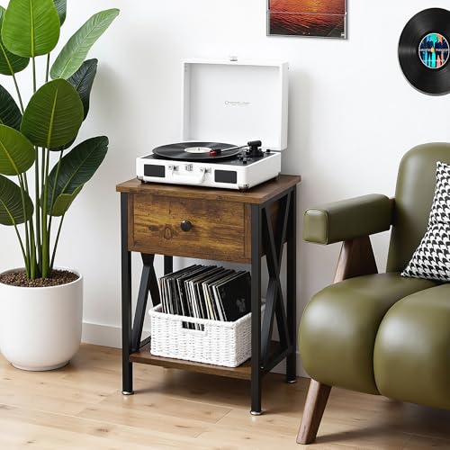 Image of VECELO Nightstand,Modern Bedside End Tables, Night Stand with Drawer and Storage Shelf for Living Room Bedroom, Industrial Metal Frame