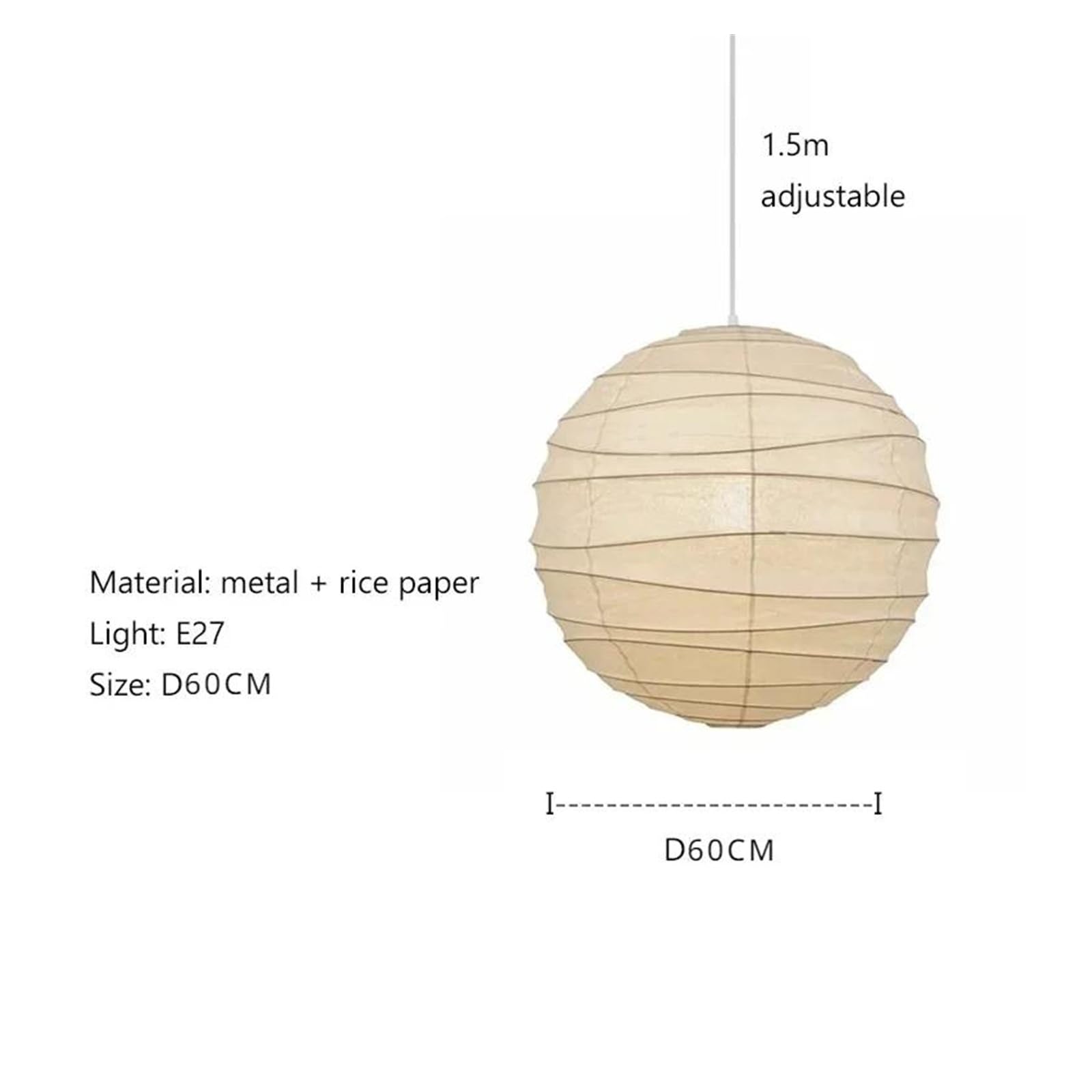 Lampion papierowy w stylu japońskim do sypialni, ciepła atmosfera, lampa wisząca do salonu, żyrandol ryżowy (3 kolory, średnica 60 cm)