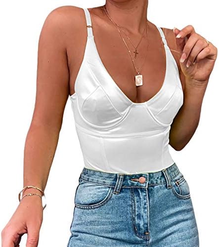 Velius Women's Sexy Deep V Neck Shiny Thong Bodysuit Tank Tops with Underwire (White, Medium)
