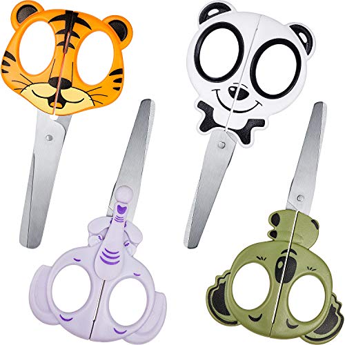 4 Pieces Kids Craft Scissors Animal Design Scissors Multipurpose Office Scissors for Sewing, Crafting, DIY Projects, Cutting Paper