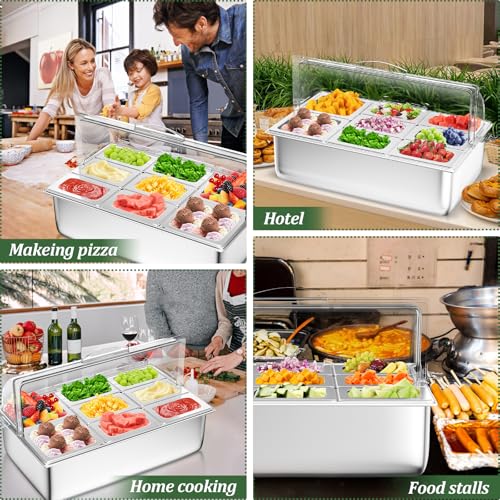 Countertop Food Serving Display Container with Clear Roll Top Cover, Stainless Steel Salad Serving Tray Condiment Dispenser Ice Food Serving Display Tray for Buffet Restaurant Kitchen Party(8 Pan) by Nessxa - Image 7
