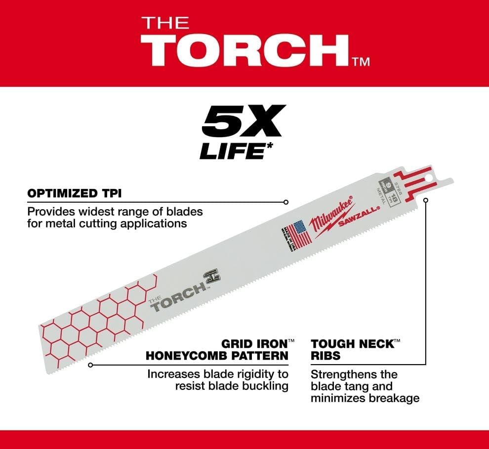 Milwaukee Electric Tool Corporation 48-00-5713 Milwaukee 9 in. 10 TPI Torch Thick Metal Cutting SAWZALL Reciprocating Saw Blades (5-Pack)