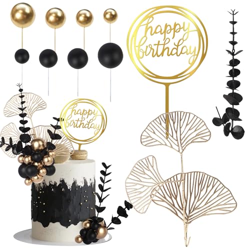 27 unidades de bolas negras y doradas para decoración de tartas Happy Birthday Cake Topper Natural Boho Hojas de Palma Decoración para Bebé Ducha Niños Niñas Tema Bohemio Boda Aniversario Fiesta
