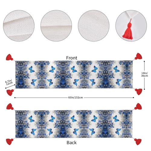 Chemin de table papillons bleus 152 cm avec pompons pour cuisine