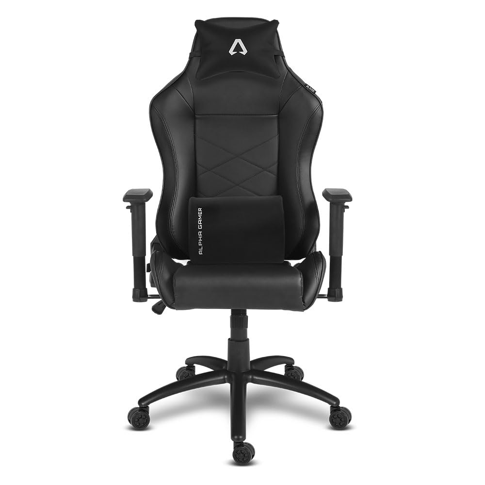 Alpha Gamer Atena - Silla Gaming de Cuero PU, Ergonómica, Reposabrazos Ajustables, Cojín Cervical y Lumbar, Base de Metal, 150KG - Negro