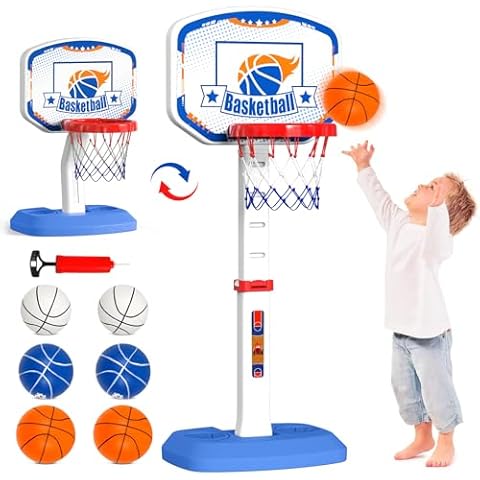M SANMERSEN Basketball Hoop for Toddlers Kids 1-8 Years Old, Mini Basketball Hoop Indoor Outdoor with Adjustable Height/6 Balls/2 Nets/Pump, Toy Gift for Poolside Backyard Games Outside Swimming Pool Cover
