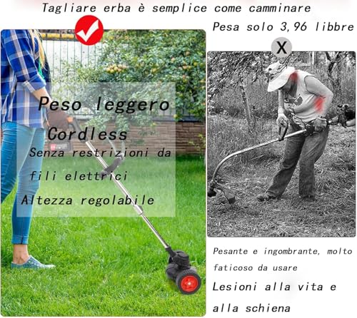 Decespugliatore Tagliabordi A Batteria 21V, Tagliaerba Elettrico Da Giardino Con 2 2.0Ah Batterie E 4 Tipi Di Lame, Ruote Rimovibili, Maniglia Regolabile Decespugliatori Per Prati, Arbusti - 2