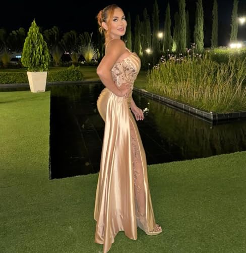 Satin Mermaid Prom Dresses for Women Long Lace Evening Gown with Slit Ruched Bodycon Corset Formal Dress4