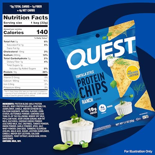 Image of Quest Nutrition Ranch Tortilla Style Protein Chips, 19g Protein, 4g Net Carb, High Protein, Low Carb, Gluten Free, 1.1 Ounce (Pack of 12)