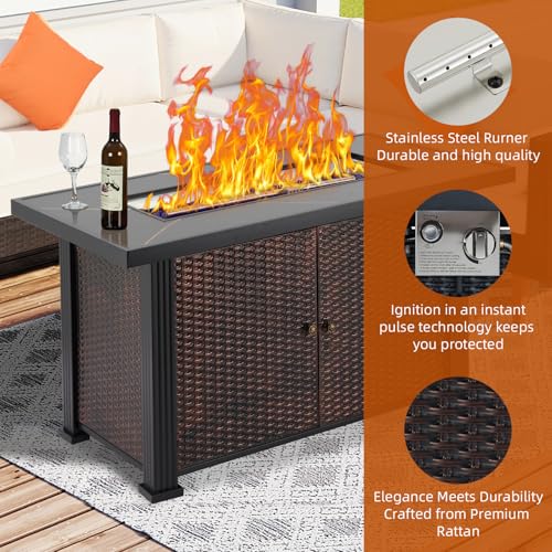 44 Inch Propane Fire Pit, CSA-Listed Outdoor Gas Fire Pit Rectangular Tabletop with Lid, 50,000 BTU Steel FireTable with Rain Cover Glass Wind for Outside Patio Yard Balcony, Brown