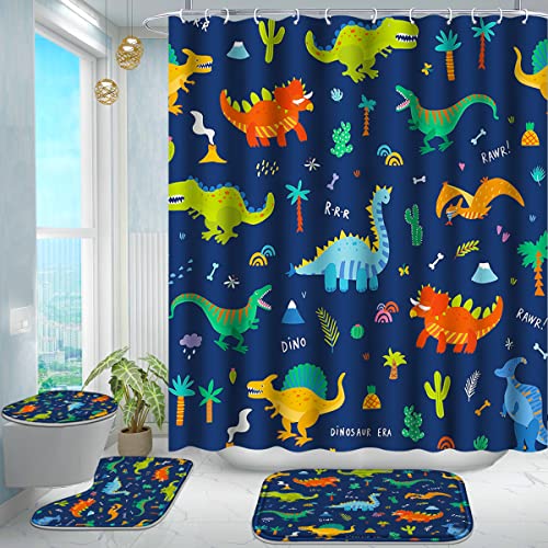 Image of Poedist 4 Pcs Bathroom Shower Curtain Set,Kid's Bathroom Curtain Sets with Rugs(Bath Mat,U Shape and Toilet Lid Cover Mat) and 12 Hooks,Dark Blue Cartoon Dinosaur