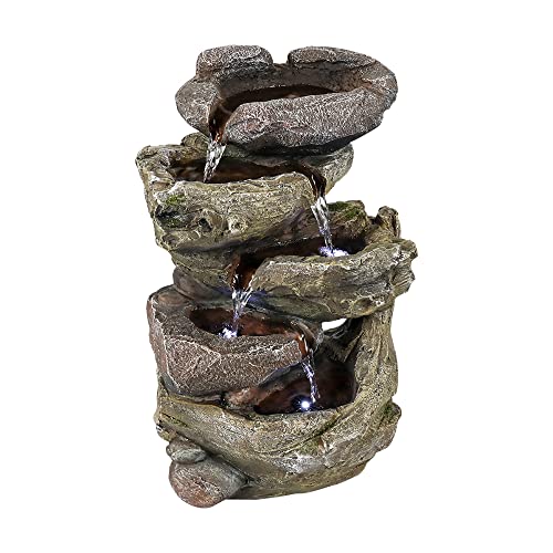 Sunjet 15" Water Fountain With Led Lights - Tabletop Rocky Cavern Trunk Staggered Fountain With Submersible Electric Pump - Indoor Calming And Relaxing Waterfall Feature For Home Office Or Kitchen #TOP4
