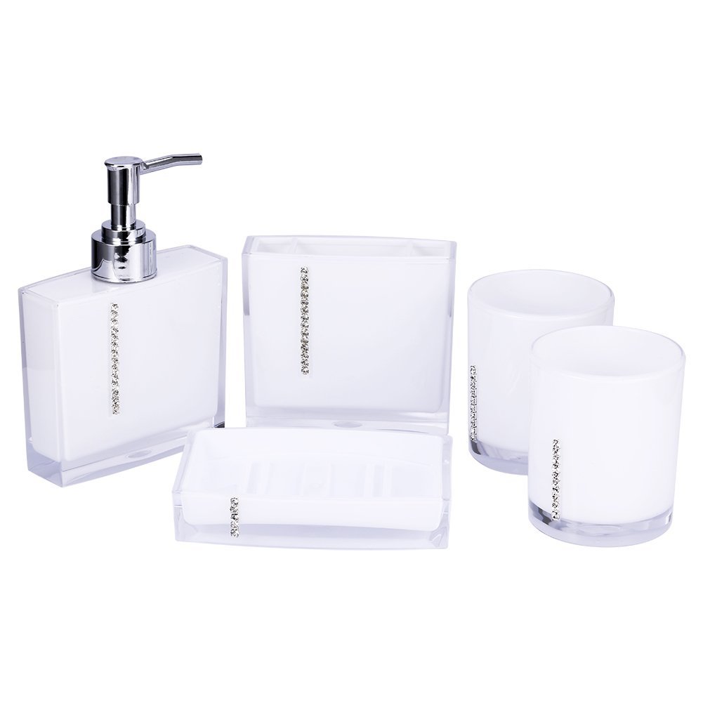 Yosoo 5 Piece Acrylic Bathroom Accessory Set Luxury Bath Accessories Bath Set Lotion Bottles, Toothbrush Holder, Tooth Mug, Soap Dish (White)