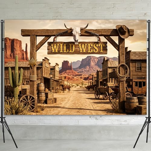 7x5FT Western Backdrop for Photoshoot - High-Resolution Wild West Town Photography Background Thickened Polyester Western Cowboy Party Decorations Banner for Adults Rustic Desert Cactus Event Props
