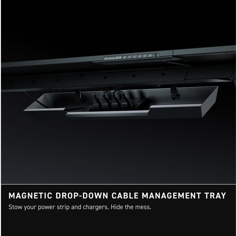 Magnetic cable management tray under the desk.