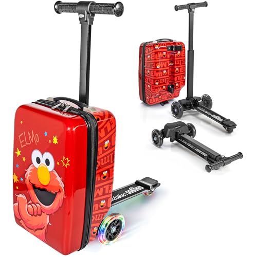 KIDDIETOTES Sesame Street 4 em 1 bagagem de scooter destacável para crianças – mala de passeio com corpo de bagagem removível, guidão ajustável, deck durável e freio – Bolsa de viagem de mão