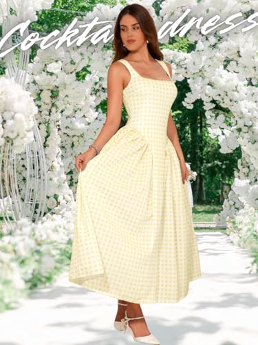 Plaid Maxi Dress, Square-Neck Drop-Waist, Wedding-Guest Party, Flowy A-Line Dresses for Women Date-Night Pastel4