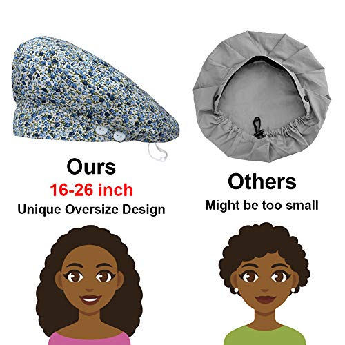 2 Pack Bouffant Cap with Button for Nurses and Doctors, Adjustable Working Hats for Women Men, One Size Working Head Cover (Blue Rose + Night Garden)