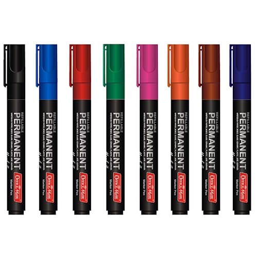 Image of Soni Officemate Permanent Markers | Pack of 8 (Mix) | 4.43 mm Bullet Tip | Refillable | Waterproof, Quick-Dry, Fade-Proof | For Plastic, Glass, Metal & More