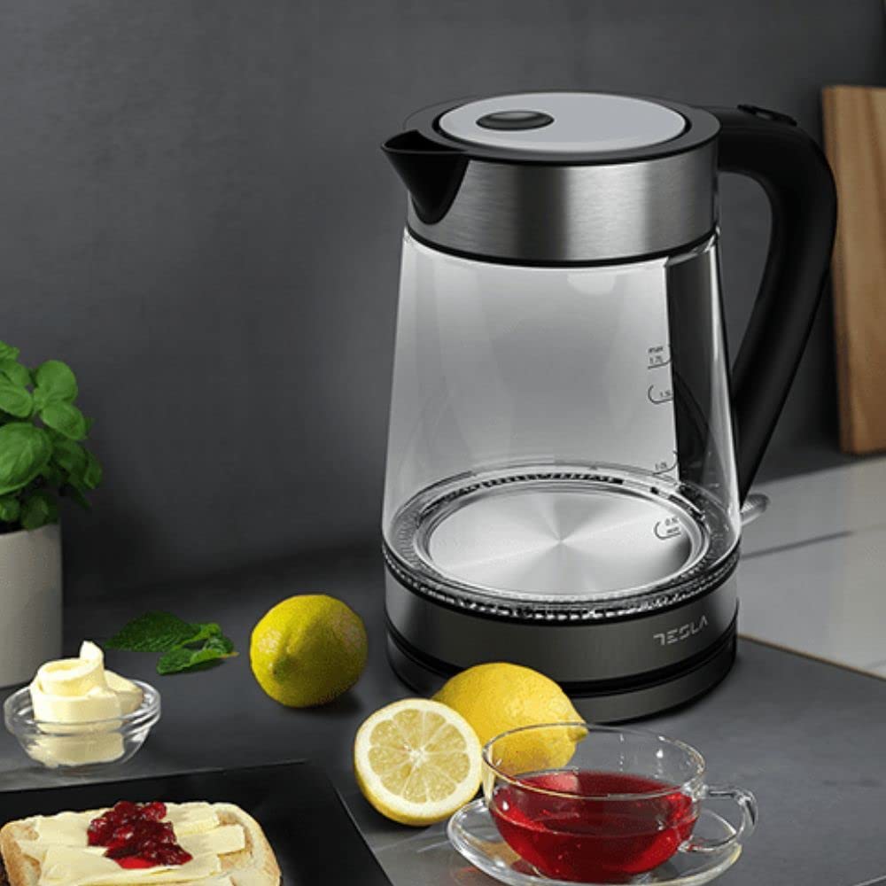 Tesla Hervidor de Agua Eléctrico KT300X - 1.7 Litros, 2200W de Potencia, Acero Inoxidable, Indicador LED, Tapa Pop-Up, Apagado Automático, Tecnología STRIX, Control Nivel de Agua (Color Negro)