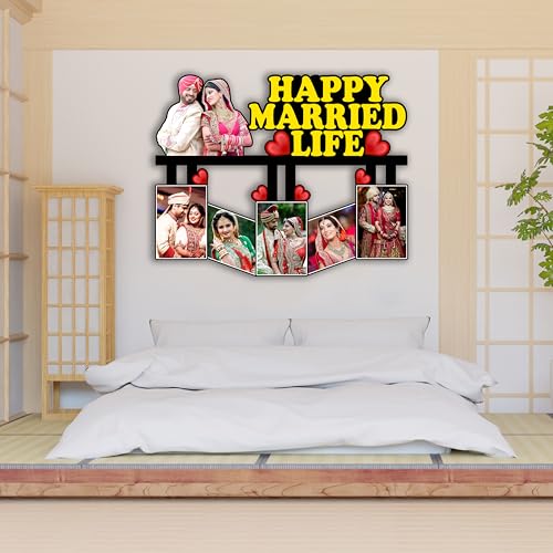 Image of Shrikant Art Personalized inchHappy Married Life inch Multi-Photo Collage Wall Hanging - Large 15x12 Inch Custom Wooden Wedding Frame with 5 Photo Slots and Heart Accents