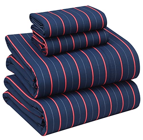 RUVANTI 100% Cotton Sheets Queen Size Set, 4 Pieces, Soft & Breathable Percale Weave Bedding, Deep Pocket 16", Hotel Standard, Crisp Cool Feeling, Durable, Perfect Striped Bed Sheet, Nautical